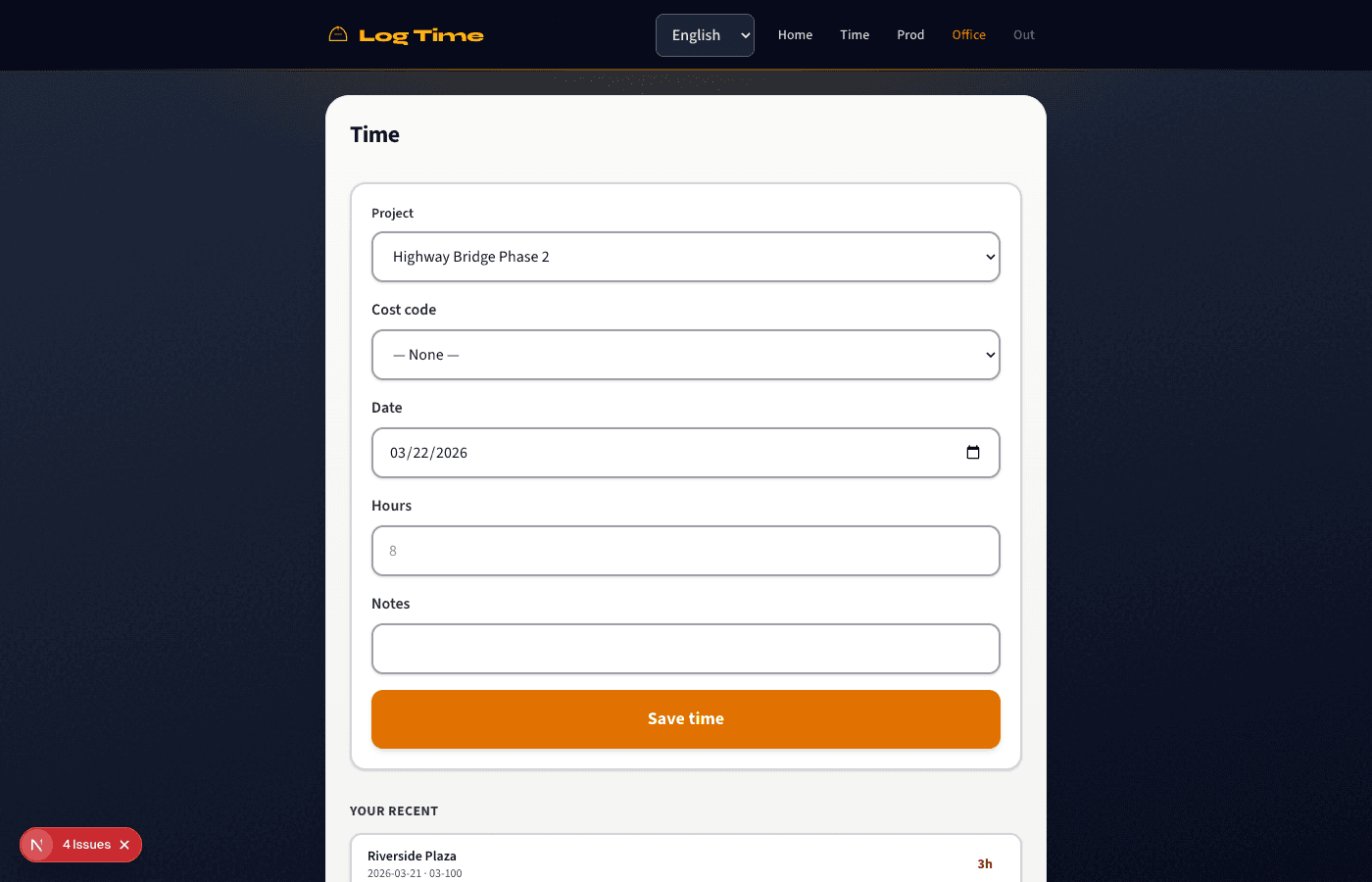 Field time and production logging screen